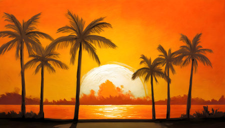 Abstract Palm tree on orange wall andÂ sunset over backgound on digital art concept.の素材