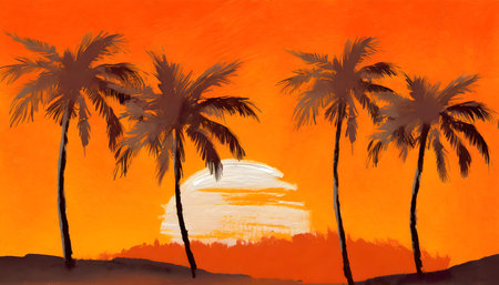 Abstract Palm tree on orange wall andÂ sunset over backgound on digital art concept.の素材