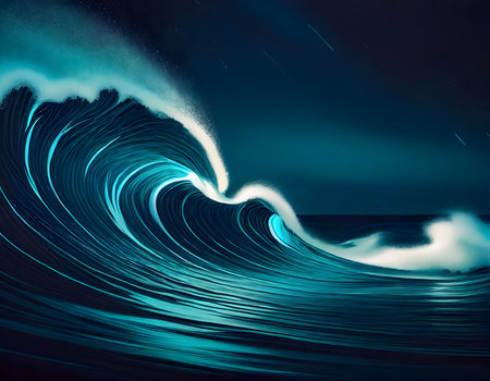Abstract Abstract blue color ola rompiendo wave at night under dark sky on digital art concept.の素材