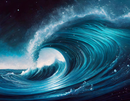 Abstract Abstract blue color ola rompiendo wave at night under dark sky on digital art concept.の素材