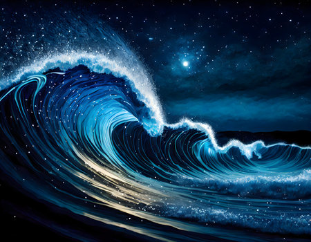 Abstract Abstract blue color ola rompiendo wave at night under dark sky on digital art concept.の素材