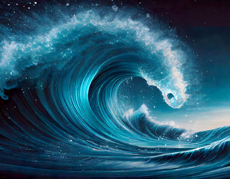Abstract Abstract blue color ola rompiendo wave at night under dark sky on digital art concept.の素材
