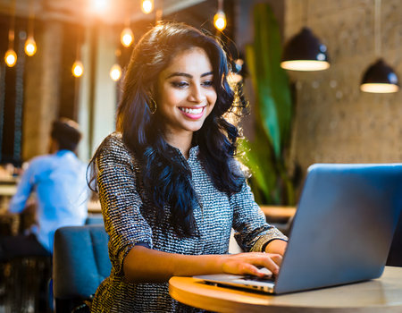 Close up Portrait of Beautiful young businesswoman working with laptop at cafe studio.の素材