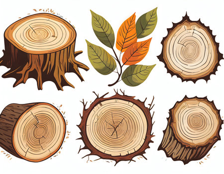 Set of tree Stumps, wooden logs, leaves. Side and top view. Hand drawn illustration collection.の素材