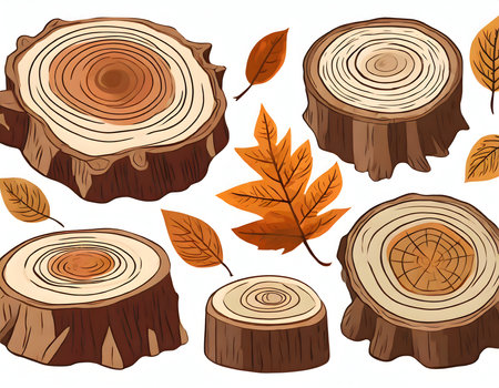 Set of tree Stumps, wooden logs, leaves. Side and top view. Hand drawn illustration collection.の素材