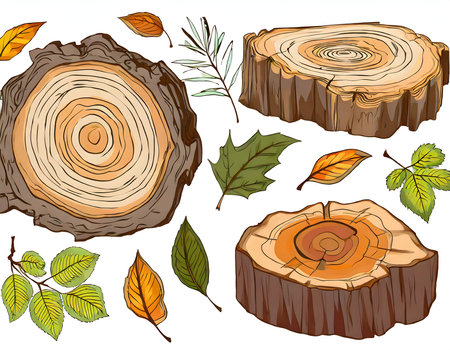 Set of tree Stumps, wooden logs, leaves. Side and top view. Hand drawn illustration collection.の素材