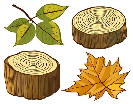 Set of tree Stumps, wooden logs, leaves. Side and top view. Hand drawn illustration collection.の素材