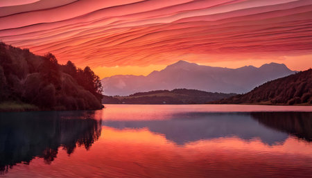 Beautiful scenic view of the red soft sunset over a lake on digital art concept.の素材