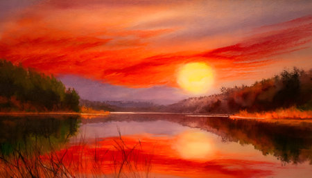 Beautiful scenic view of the red soft sunset over a lake on digital art concept.の素材