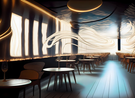 Abstract inside empty restaurant, light swirling lines on digital art concept.の素材