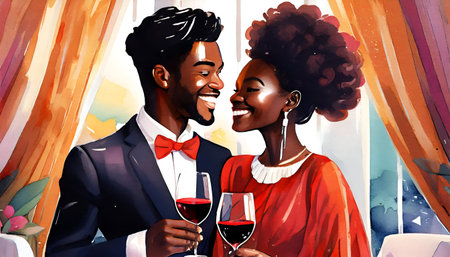 Joyful young couple with glasses of red wine in luxury restaurant, detailed painting on digital art concept.の素材