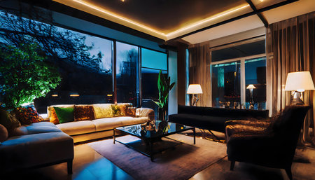 Well-Furnished Living Room With Large Windows effect against on digital art concept.の素材