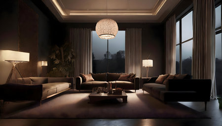 Well-Furnished Living Room With Large Windows effect against on digital art concept.の素材