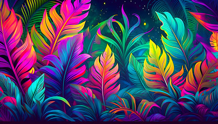 Abstract neon tropical jungle foliage banner on digital art concept, Generative AI.の素材