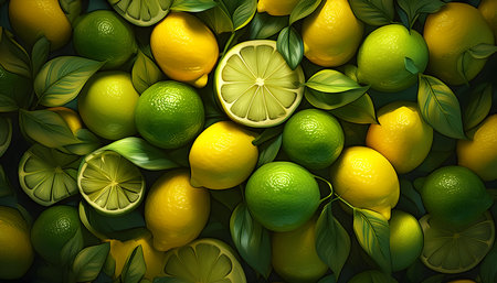 Fresh ripe summer limes and lemons harvest for background, Generative AI.の素材