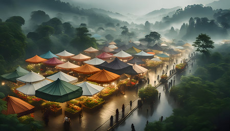 Abstract outdoor market on a rainy day, no people, place for selling on digital art concept, Generative AI.の素材
