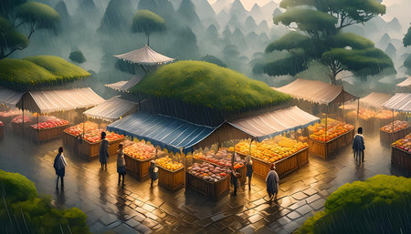 Abstract outdoor market on a rainy day, no people, place for selling on digital art concept, Generative AI.の素材