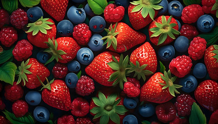 Fresh ripe summer organic berries harvest on digital concept, Generative AI.の素材