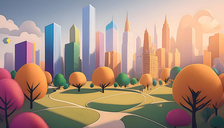 Central Park with Nature, Trees, a Field Around Skyscrapers Cityscape and Brightly colored on digital art concept, Generative AI.の素材