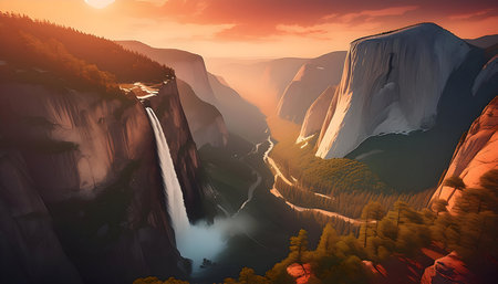 Beautiful Nature, Horse tail waterfall in Yosemite national park glowing on Generative AI.の素材