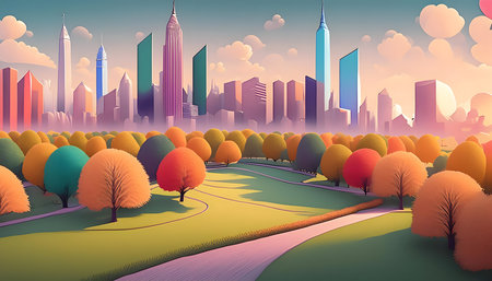 Central Park with Nature, Trees, a Field Around Skyscrapers Cityscape and Brightly colored on digital art concept, Generative AI.の素材