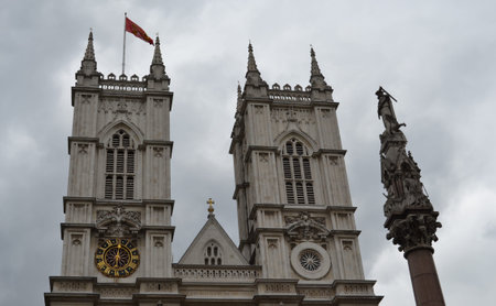 Exterior of Westminster abbey and cloudy skyの写真素材