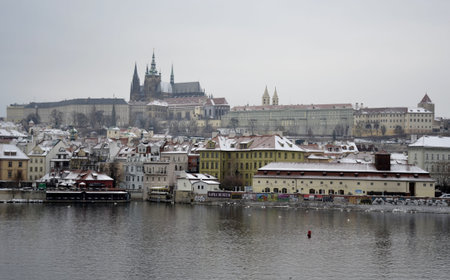 Prague castle with snow and grey skyのeditorial素材