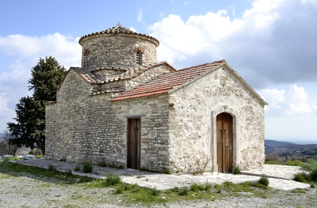 Architecture from old church in Kato Lefkara village and cloudy skyの写真素材