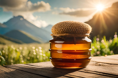 Natural honey product  with beehive on wooden tableの素材
