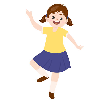 Happy smile Girl dancing and Hands Up. Funny cartoon character.のイラスト素材