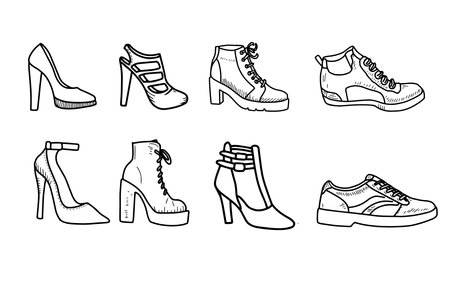 different of shoe outline:  high heels, cowboy boots, hiking boots, sneakers. fashion for fall season.のイラスト素材