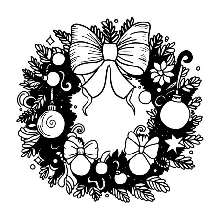 hand drawn chrismas round flower wreath. floral frame. Merry Chrismas and Happy New Yearのイラスト素材