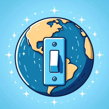 A cartoon light switch on the global with continents and oceans. earth hour concept.の素材
