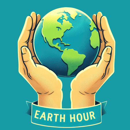 Two hands gently hold a vibrant Earth above with a ribbon labeled EARTH HOUR.の素材
