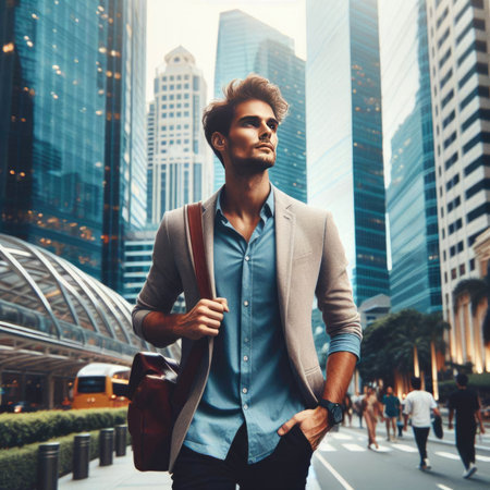 A stylish individual man stands in the city with a bag over his shoulder, during the golden hour. Skyscrapers tower around.の素材