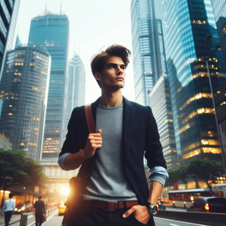 A stylish individual stands amidst a bustling cityscape during the golden hour. Skyscrapers tower around.の素材