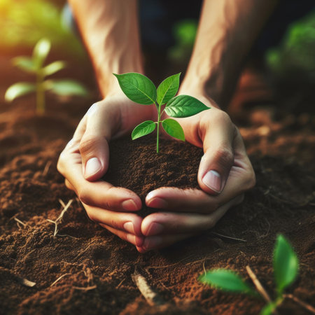 man hand holding a small potted plant with green leaf and soil.の素材