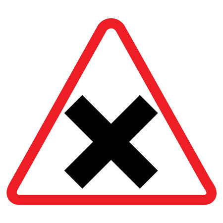 cross road warning sign, red triangle, black arrow, traffic symbol, Cautionary Road Sign.