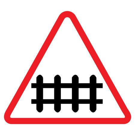 Unguarded Level crossing warning sign, red triangle, black arrow, traffic symbol, Cautionary Road Sign.のイラスト素材