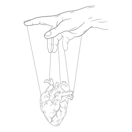 A human hand is manipulating a heart with strings, as if controlling a puppet.のイラスト素材