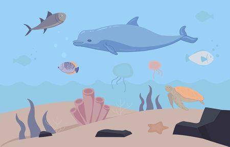 Underwater world Scene with Dolphins, Fish, and Colorful Coral Reefsのイラスト素材