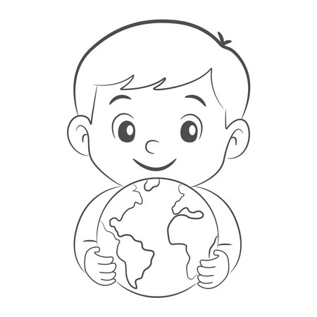 minimal black drawing Child holding Earthのイラスト素材