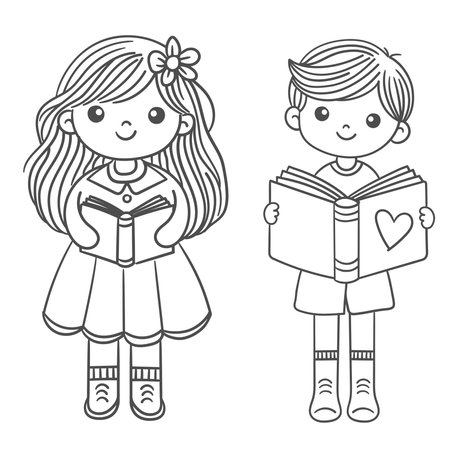 minimal black line drawing cartoon children boy and girl reading and holding the bookのイラスト素材