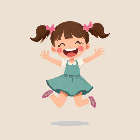 Happy cartoon girl jumping with joyの素材