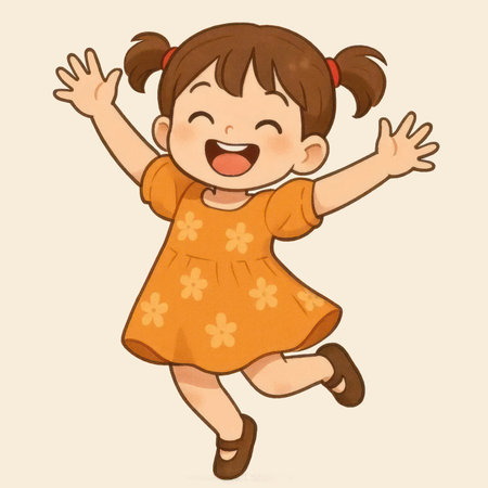 Happy cartoon girl jumping with joyの素材