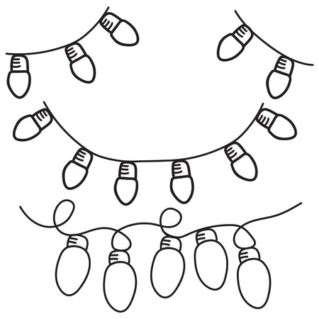 Hand Drawn Doodle Outline Christmas String Lights Black and White Holiday Decoration.のイラスト素材