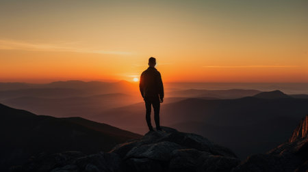 person standing on mountain during sunsetの素材