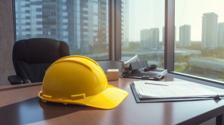 construction yellow helmet on working table in office front of window - Generative AI photoの素材