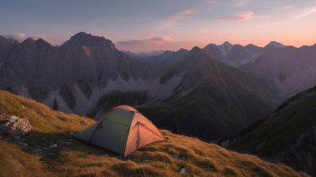Camping tent on top of the mountainの素材
