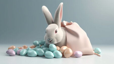 cute fluffy rabbit in a bag next to scattered decorative easter eggs - Generative AIの素材